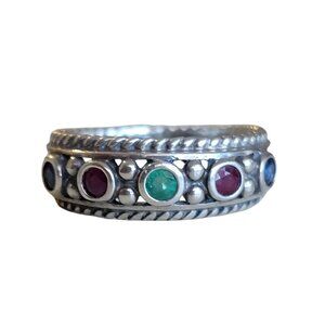 Vintage Thai Silver Sapphire, ruby emerald CNA Ring Rope coil sz 10/ 10.5